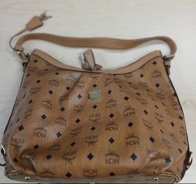 Authentic MCM Visetos Shoulder Bag Gold Hardware Logo Studded Designer