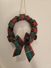 Small Plaid Ribbon Christmas Wreath Ornament with Bow 5"
