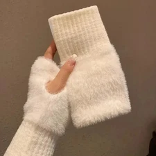 Mink Fleece Soft Winter Half Finger Gloves Women Warm Luxury Solid White Plush K