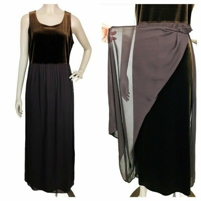 Vintage 90s Carole Little Brown Sleeveless Velvet Chiffon Overlay Maxi Dress