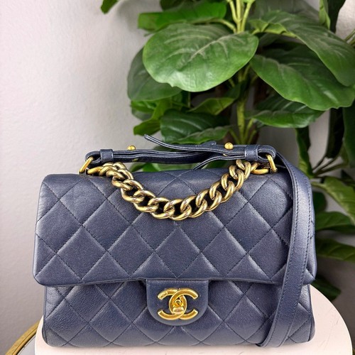 Authentic Chanel Classic Flap Bag Medium Quilted Lambskin Navy Gold Hardware