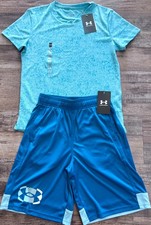 NWT Under Armour Boys YMD Teal/Aqua Splatter Tech Tee Shorts Set Medium