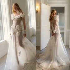 Elegant 3D Floral Off Shoulder Sheer Mermaid Wedding Dress Backless Bridal Gown