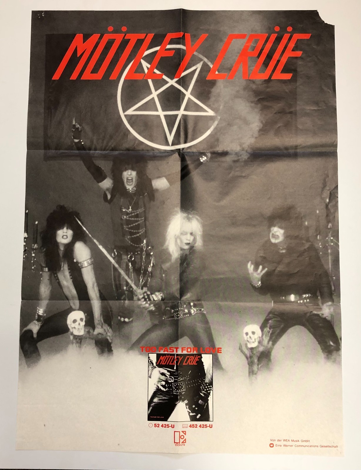 Original Motley Crue 1982 Too Fast For Love German Promo Poster Folded 33X23