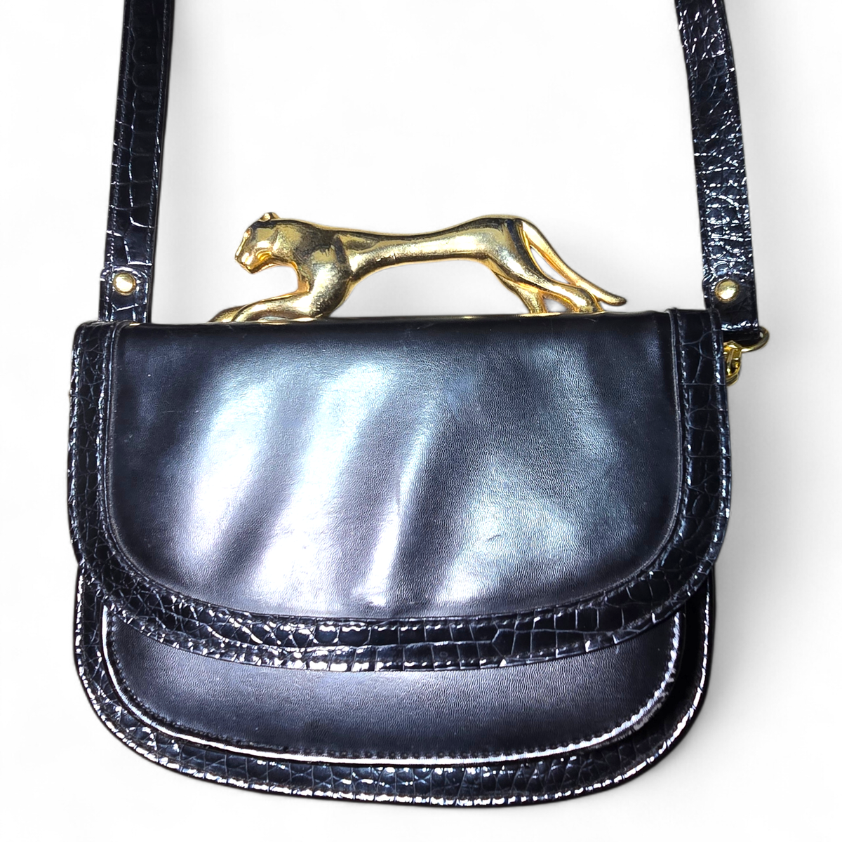 Vintage Sasha New York Black Croc Embossed Bag Gold Panther Jaguar