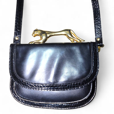 Vintage Sasha New York Black Croc Embossed Bag Gold Panther Jaguar