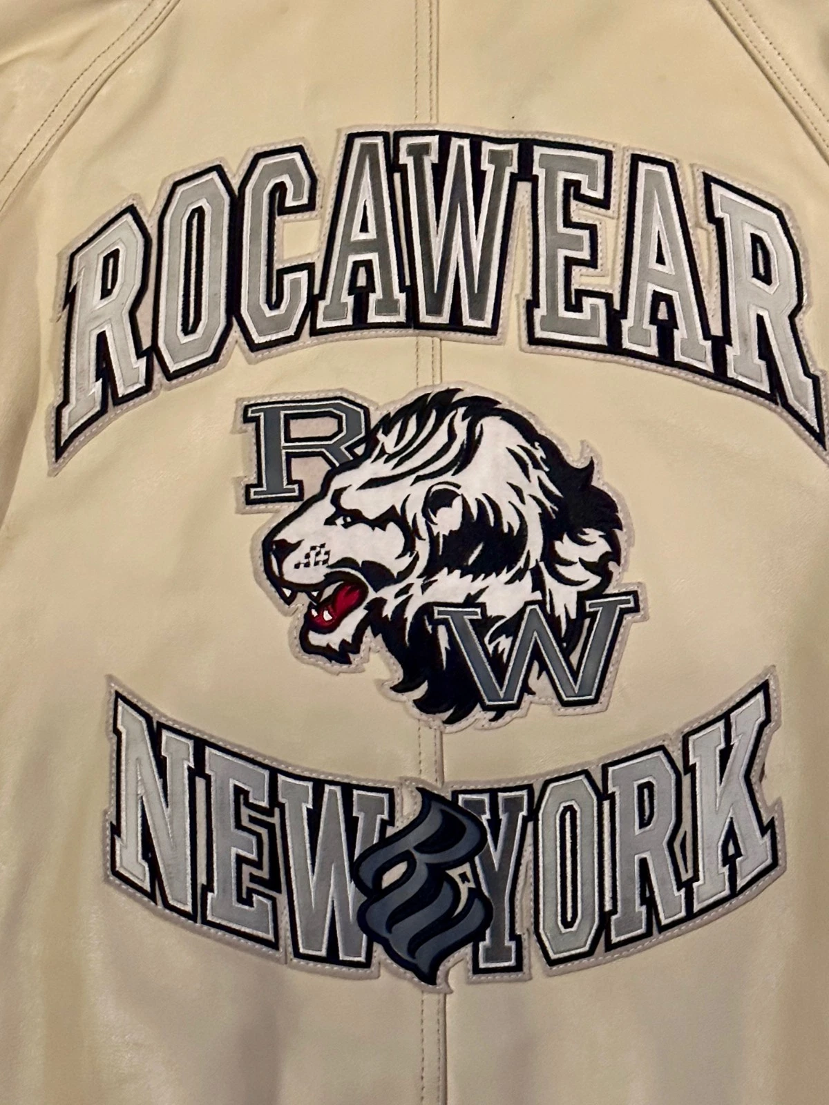 RARE Vintage Y2K Rocawear "Lion Head" Leather Varsity Jacket Beige Black Sz XL image 10