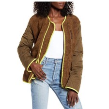 J.o.a. Size S Mix Media Faux Shearling Jacket Brown Lime Green Trim Warm Casual
