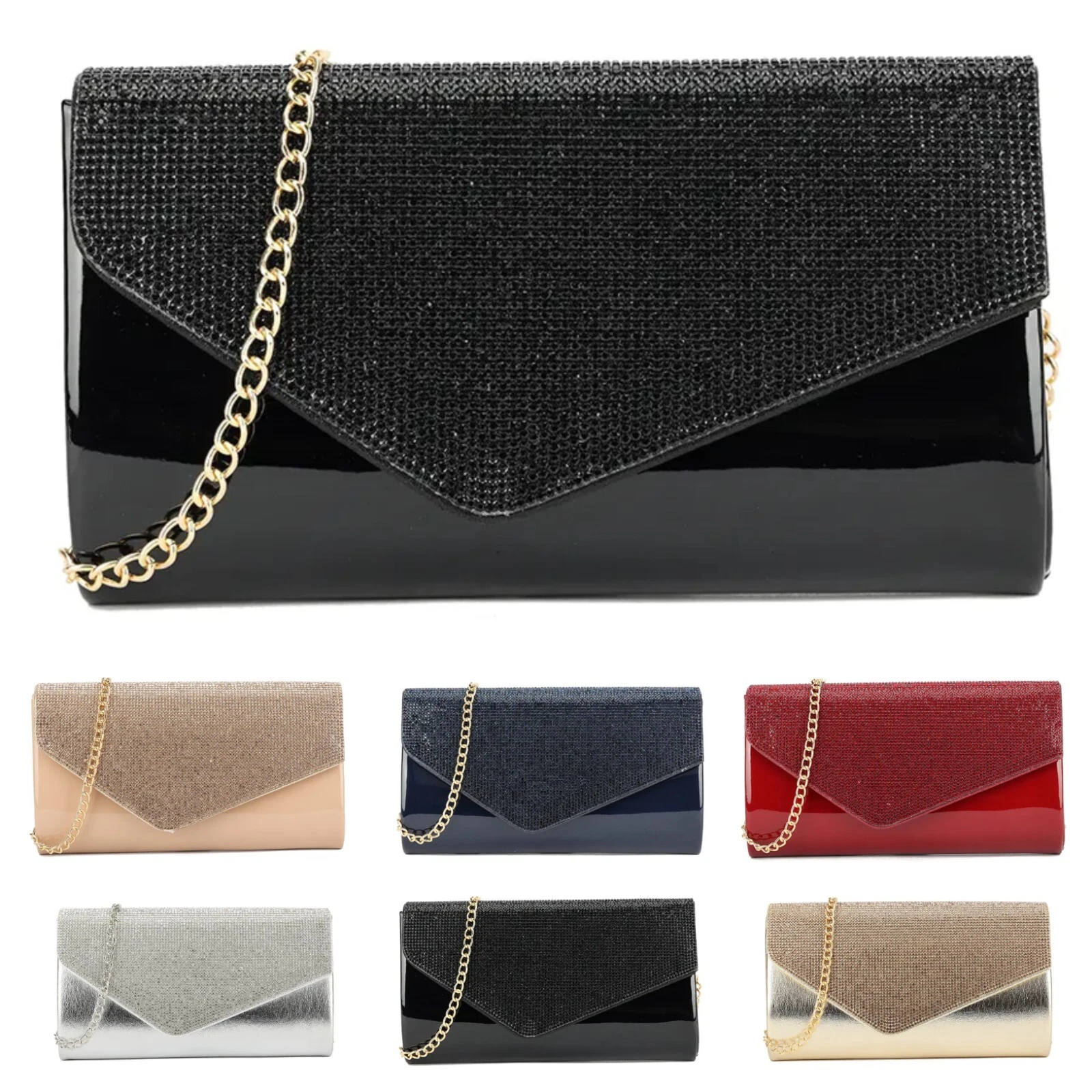 Womens Patent Leather Clutch Bag Wedding Party Shoulder Diamante Evening Handbag