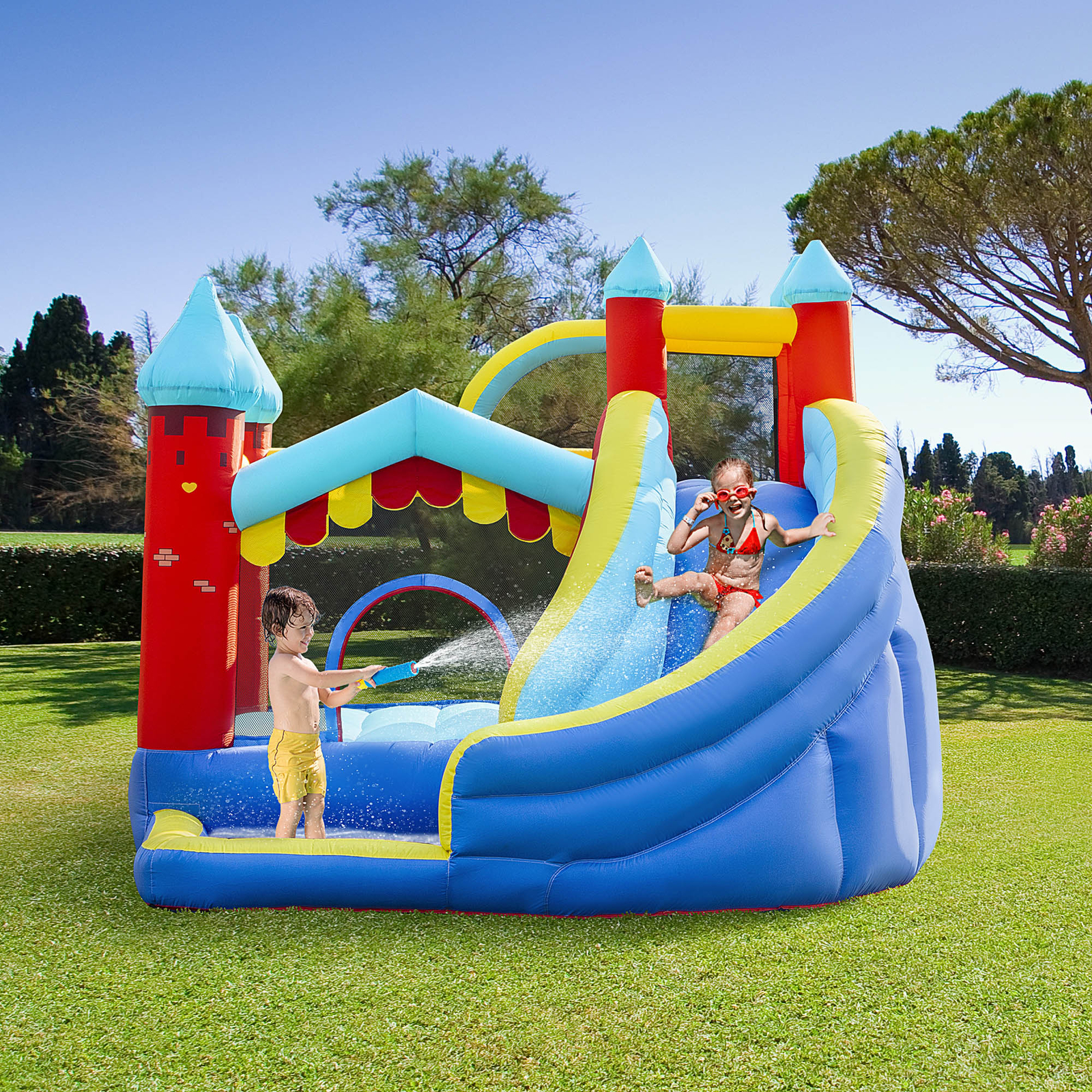 Kids Bouncy Castle with Slide Pool Trampoline Climbing Wall with Blower
