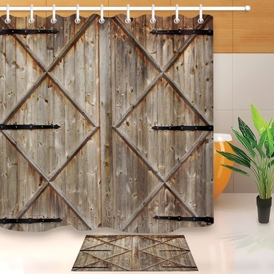 Wooden Old Barn Door Pattern Shower Curtain Set Bathroom Mat