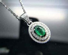 2Ct Oval Cut Green Emerald Double Halo Pendant Necklace 14k White Gold Finish
