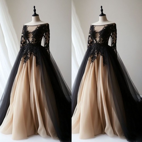 Vintage Champagne and Black Wedding Dresses Long Sleeves Lace Appliques ...