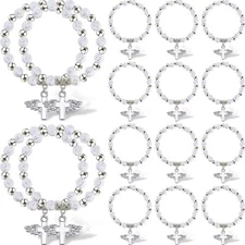 12 Bracelet White Recuerdos De BAUTIZO BAPTISM COMMUNION BEAD ANGEL WING CROSS 