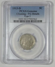 PCGS Genuine 1913-D Type-2 Buffalo Nickel VG Details 