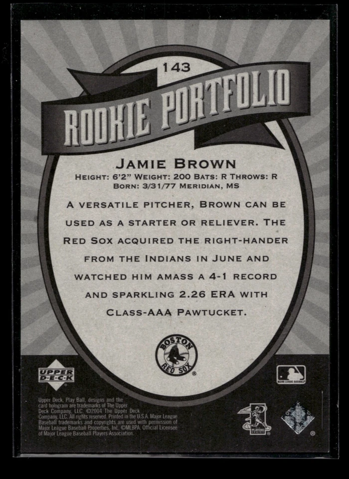2004 UD Play Ball Rookie Portfolio Jamie Brown #143 Red Sox 1270/2004 - Image 2 of 2
