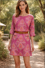 ZARA Women's Boatneck Paisley Tunic Summer Casual Dress SMALL boho Magenta pink