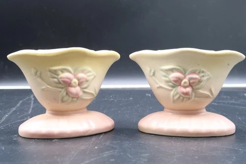 Vintage Pair Hull Pottery Candle Holders Wildflower Pattern 1940'S Pink & Yellow