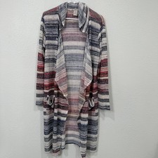 American Rag Striped Hooded Cardigan Sweater Women M Open Front Pockets