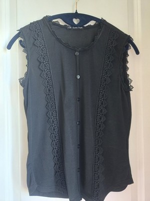 Luna Moon Black Sleeveless Round Neck Button Front Lace Trim Blouse Size S