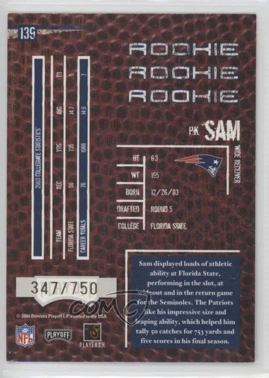 2004 Playoff Hogg Heaven Rookie /750 PK Sam #139 Rookie RC - Image 2 of 2