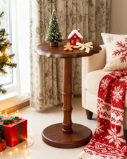 Vintage Solid Wood Accent Side Table, Pedestal End Table for Living Room, Sma...