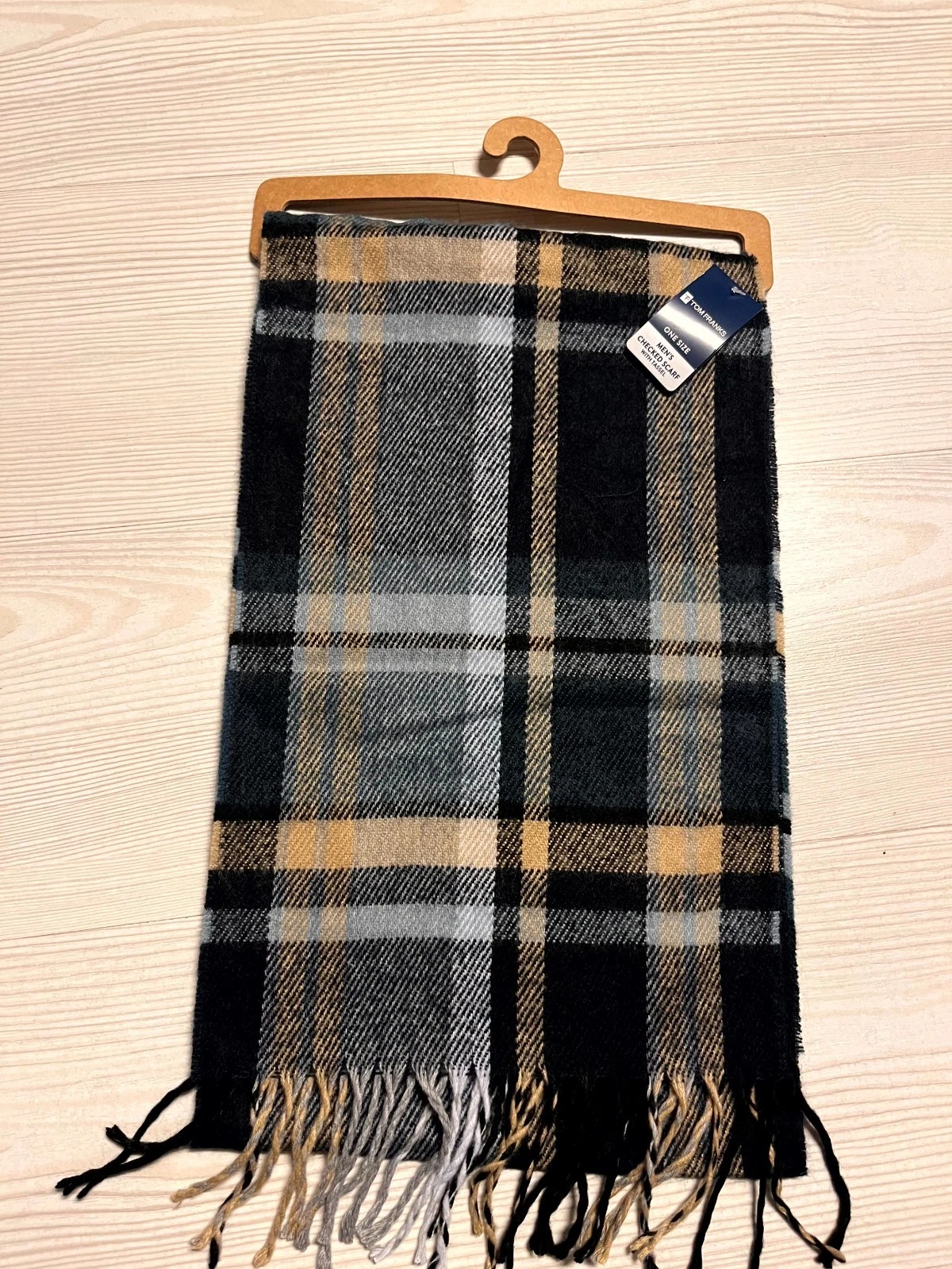 Tom Franks Scarf Mens One Size Black Grey Checked Soft Brushed Tassels