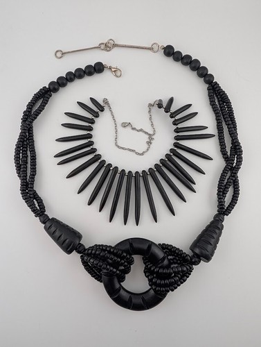 Black Wooden Beaded Ring & Spiked Choker Abstract Statement Necklace Set Lot B2 - Imagen 6 de 9