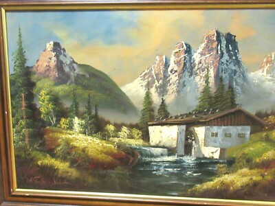 A. FISCHER WEST GERMANY OIL ON CANVAS SNOW MOUNTTAIN LANDSCAPE