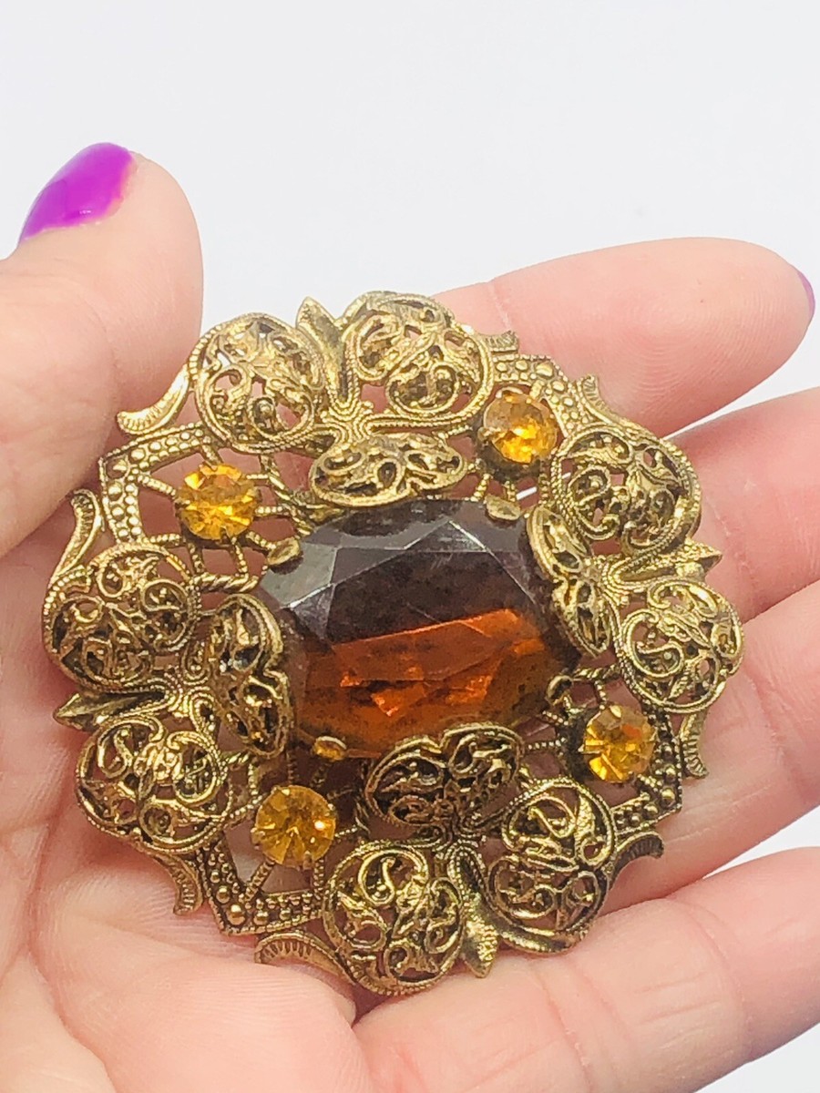 Vtg Unmarked Germany? Yellow Amber Glass Rhinestones Flower