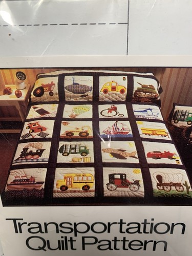 Vintage Transportation Quilt Pattern Block Appliqué Bus Train Tractor Plane - Picture 2 of 4