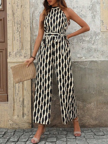 Black & Cream Printed Tie Waist & Grecian Neck Jumpsuit - Imagen 1 de 6