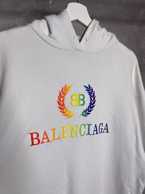 BALENCIAGA レインボーロゴ　パーカー デストロイ　22AW Balenciaga Rainbow Logo Embroidered Hoodie White Size XS