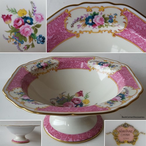 Noritake Japan N441 Large 9" Square-Rim Footed Compote Bowl. Flowers. Pink Bands - Picture 1 of 13