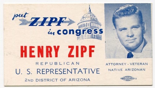 Tarjeta de campaña Henry Zipf para el Congreso Arizona 1954 juramento de lealtad en la parte posterior - Imagen 1 de 2