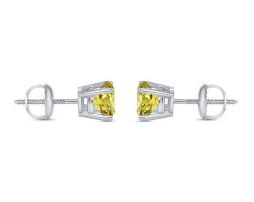 1.50 Ct Round Canary Created Diamond Earrings Real 14K White Gold Basket Screw - Picture 3 of 3
