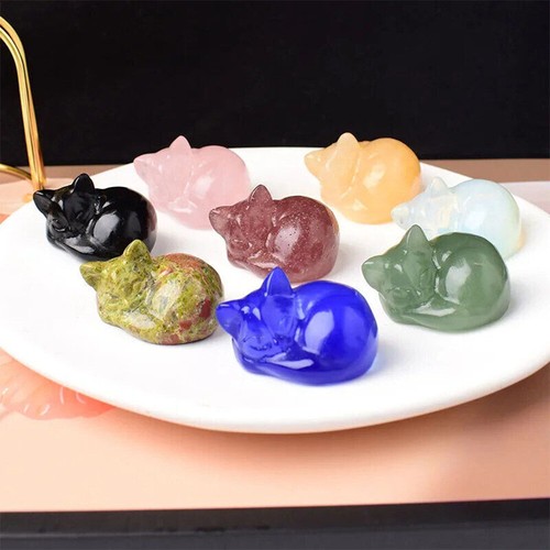 1PC 1.5" Crystal Carved Sleeping Cat Quartz Chakra Stone Luck Kitty Statue Reiki - Imagen 1 de 19