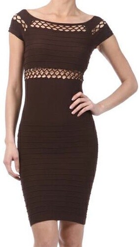 Sexy brown Seamless Laser cut out Off shoulders Body con mini Dress 0/S Y2K Vint - Picture 1 of 2