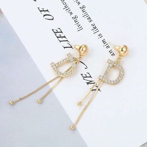 Drop Crystal Luxury Stud Earrings Dangle Ear Stud Letter D Earrings Long Tassel - Picture 4 of 8