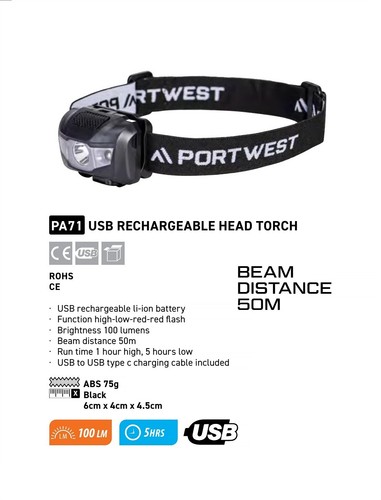 2x Portwest PA71 USB Rechargeable LED Head Torch Light Headlight Headlamp Bulk - Foto 3 di 6