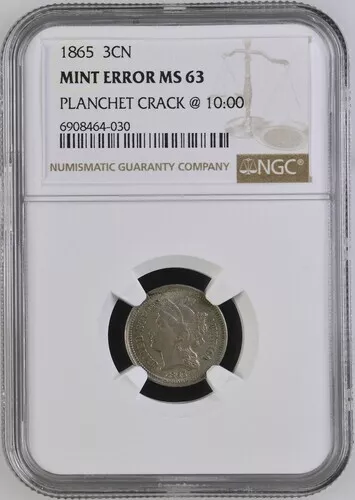 1865 NGC MS63 Mint Error **Planchet Crack @ 10:00** Nickel Three Cent Piece 3CN