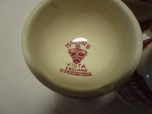 Antikes Freimaurer VISTA PINK Transfergeschirr Set 5 Doppel Eierbecher England 1900’s 3" w - Bild 7 von 13