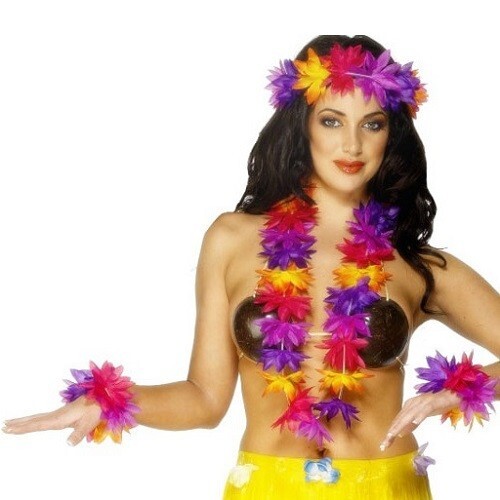Hawaiian Fancy Dress Deluxe 4 Piece Lei Garland Set Pink/Purple by Smiffys - Picture 3 of 4
