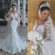 Appliqued Beaded Mermaid Wedding Dress Long Sleeves Sheer Neck Gown