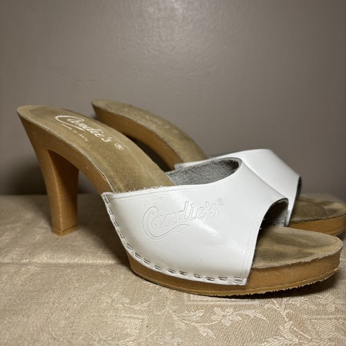 Candie's Vtg 80's Style Heels Sz 6 Mule Sandal White Leather Slides Italy