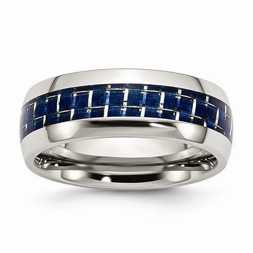 8MM POLISHED STAINLESS STEEL BLUE CARBON FIBER INSERT BAND/ RING - SIZE 10 - Picture 1 of 4