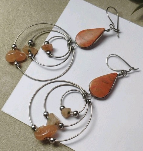 Handcrafted Real STONE (Jasper and Quartz?) Graduated Wirework Hoop Earrings 3"! - Picture 5 of 8