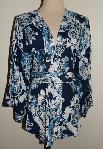 Camicetta cardigan donna alta hippie piccola blu bianca cravatta cintura rayon top nuova