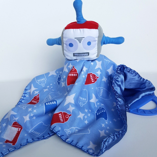 ROBOT Baby Lovey Plush Security Blanket Comforter Satin Back Blue Red Teether