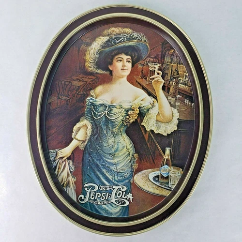 Vintage Pepsi Cola Metal Tin Serving Tray Large Oval 11.5 x 14 Victorian Lady